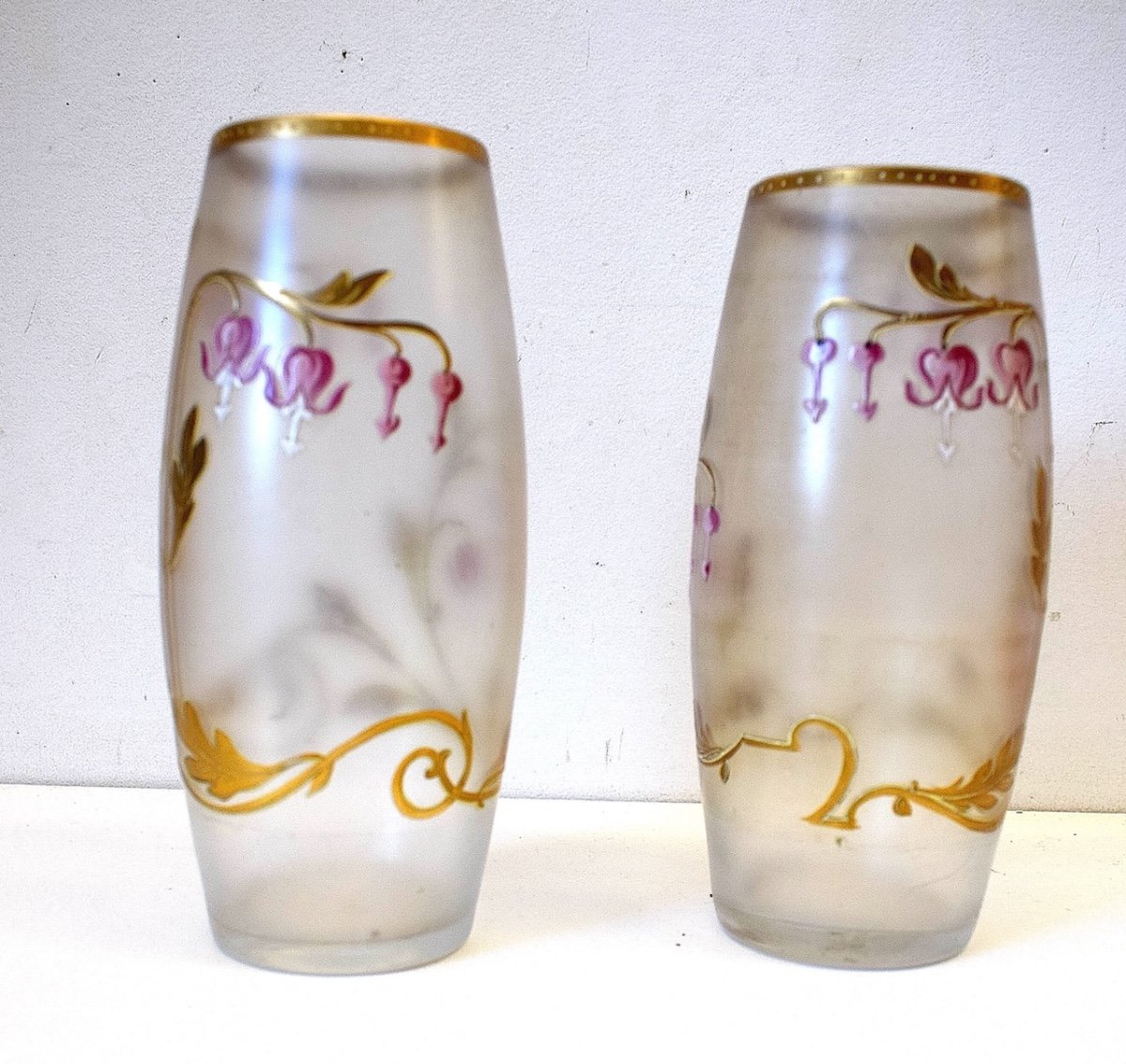 Pair Of Art Nouveau Enameled Glass Vases Decorated With Flowers Monogram E. G Gallé Ref782-photo-3