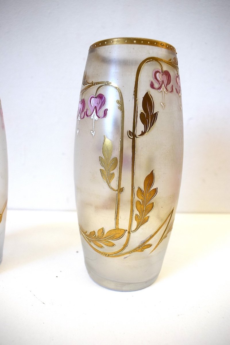 Pair Of Art Nouveau Enameled Glass Vases Decorated With Flowers Monogram E. G Gallé Ref782-photo-1