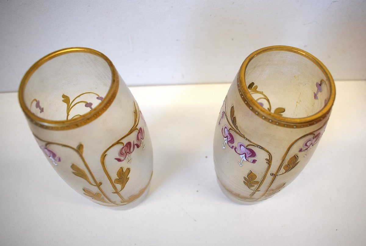 Pair Of Art Nouveau Enameled Glass Vases Decorated With Flowers Monogram E. G Gallé Ref782-photo-2