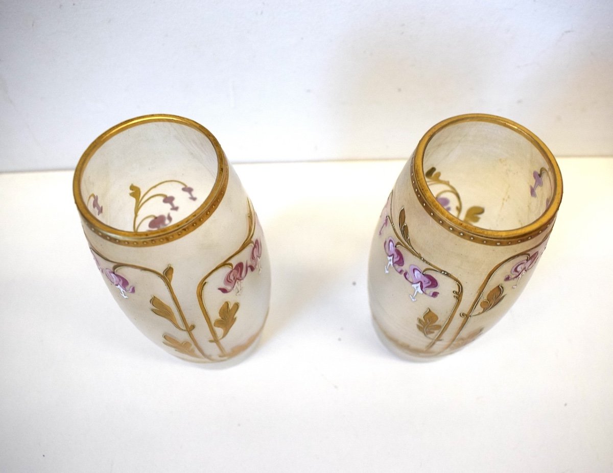 Pair Of Art Nouveau Enameled Glass Vases Decorated With Flowers Monogram E. G Gallé Ref782-photo-3