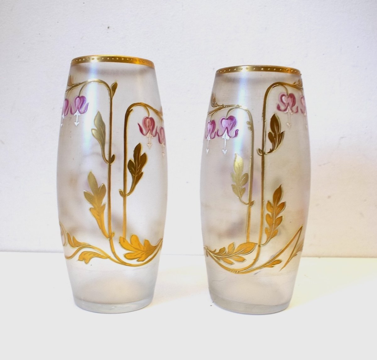 Pair Of Art Nouveau Enameled Glass Vases Decorated With Flowers Monogram E. G Gallé Ref782