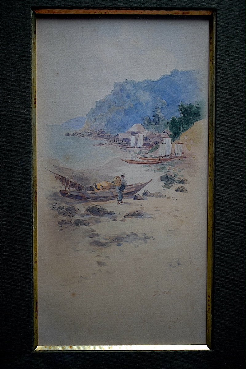 Indochina China Asia Monogram  S.hm Pair Watercolor Marine XXth Rt1168-photo-2