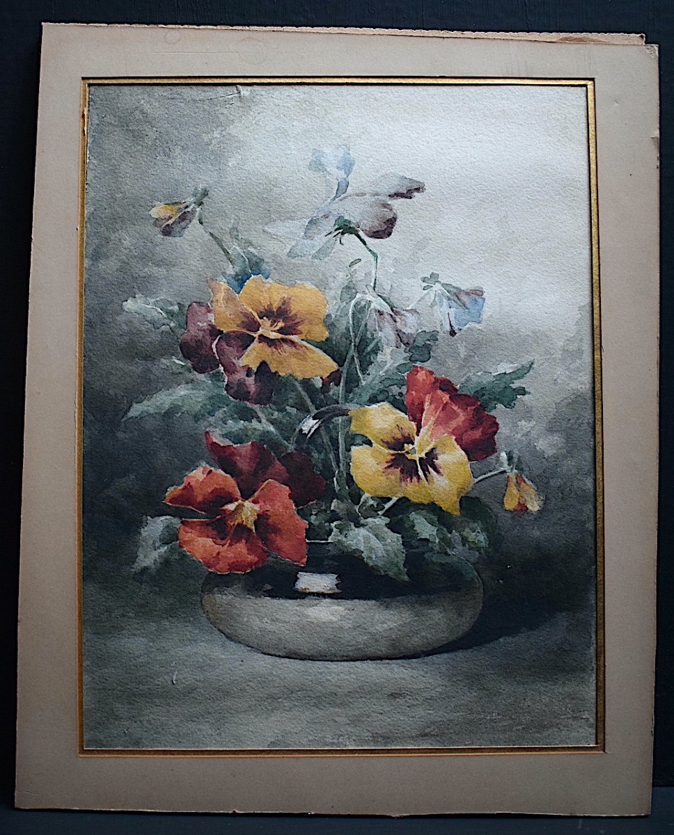 Still Life Flowers Pansies Watercolor Early 20th Century Rt1178-photo-4