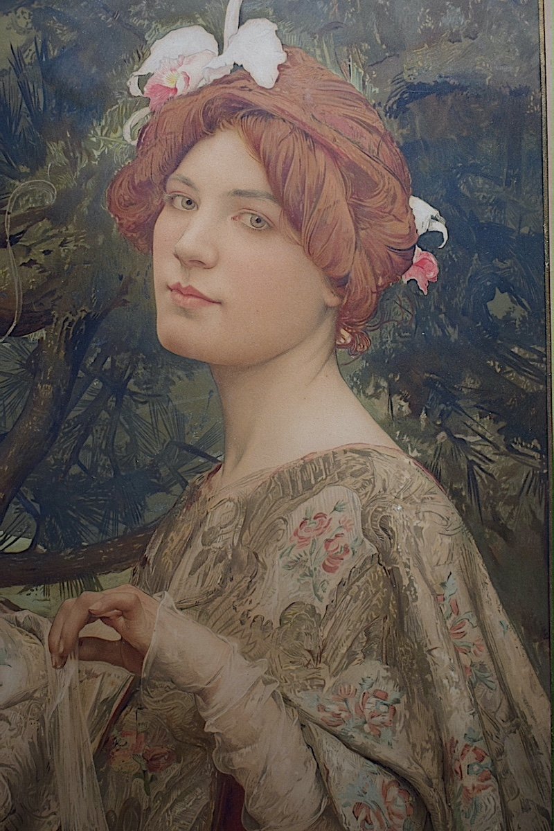 Edgard Maxence Symbolist Art Nouveau Print Woman With Orchid Signed Dated 1900 Rt1203-photo-2