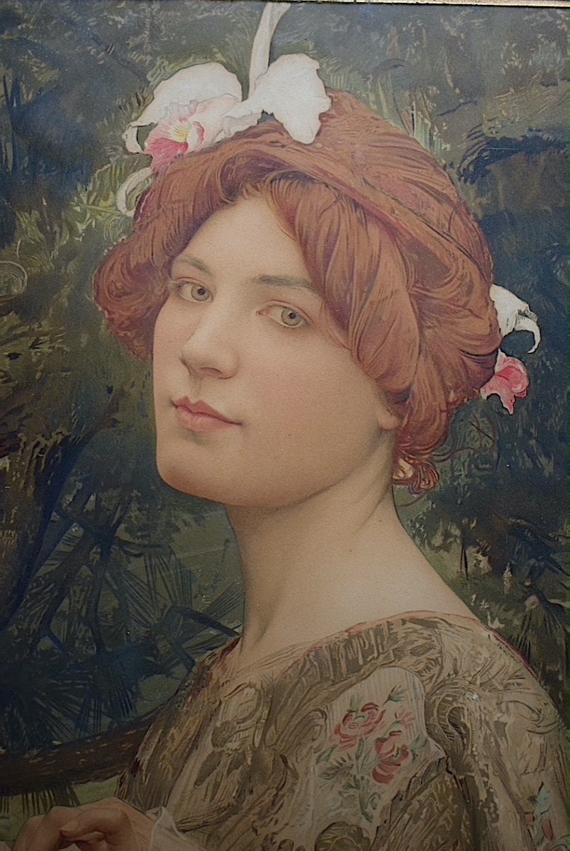 Edgard Maxence Symbolist Art Nouveau Print Woman With Orchid Signed Dated 1900 Rt1203-photo-3