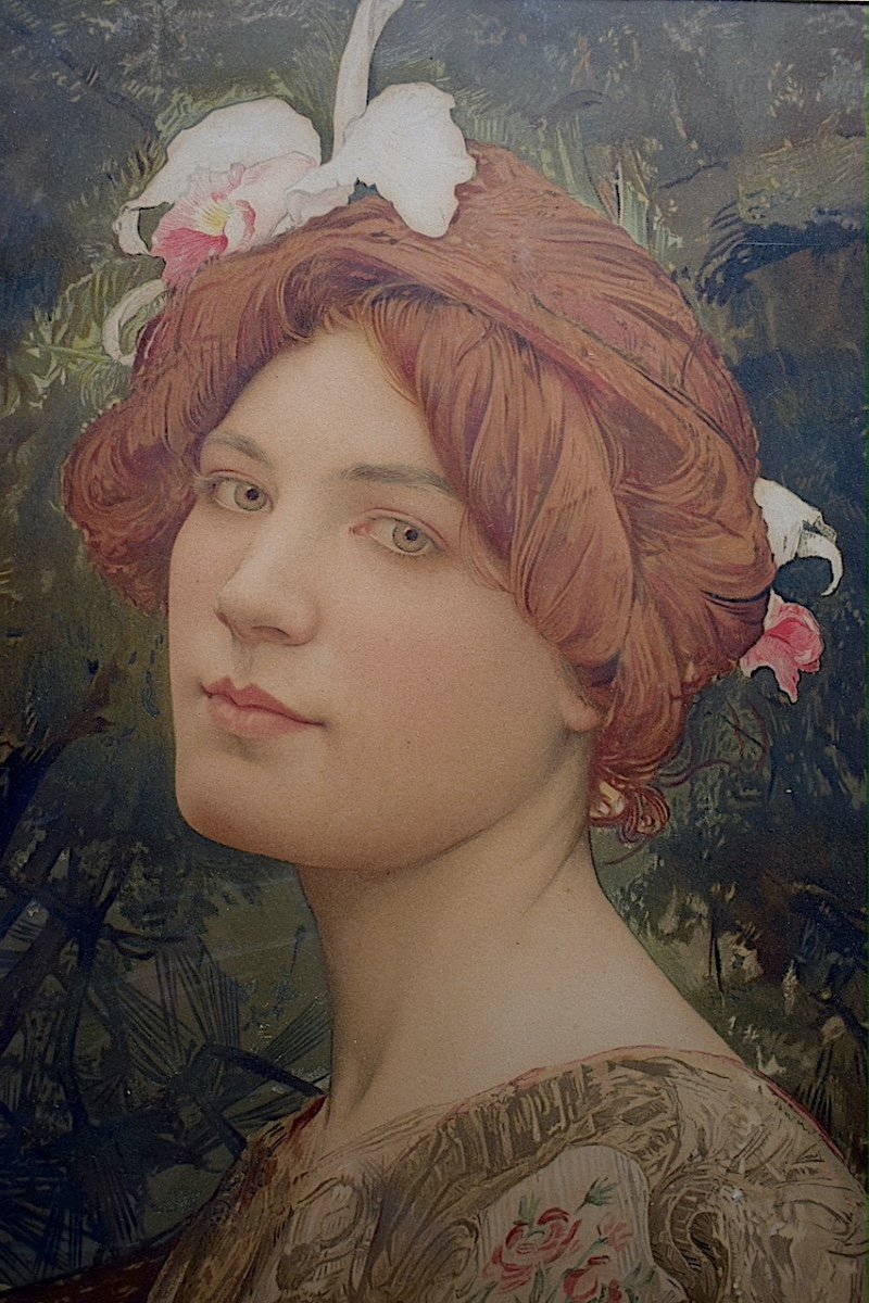 EDGARD MAXENCE estampe Symboliste Art Nouveau  Femme à l'Orchidée Signé Daté 1900 RT1203-photo-4