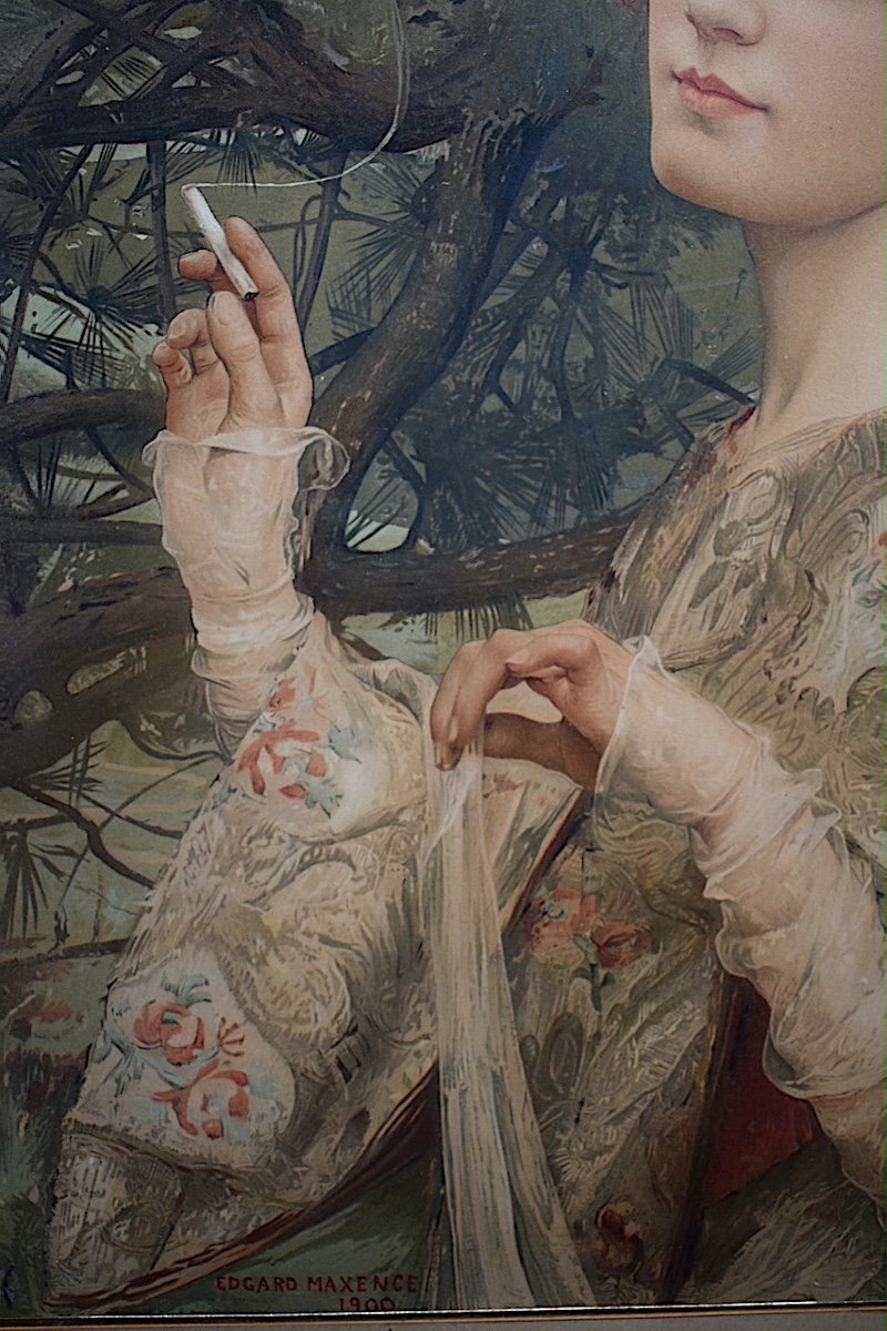 EDGARD MAXENCE estampe Symboliste Art Nouveau  Femme à l'Orchidée Signé Daté 1900 RT1203-photo-1