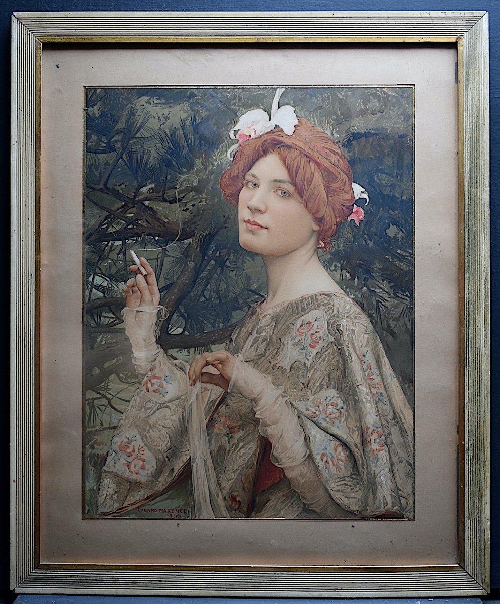 EDGARD MAXENCE estampe Symboliste Art Nouveau  Femme à l'Orchidée Signé Daté 1900 RT1203-photo-4