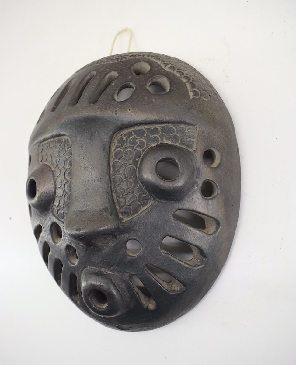 Africanist Mask Wall Lamp In Satin Black Ceramic Signed To Identify Ref1023 -photo-3