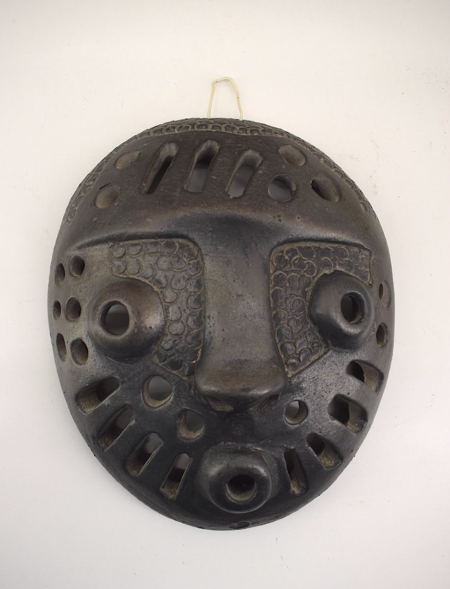 Africanist Mask Wall Lamp In Satin Black Ceramic Signed To Identify Ref1023 -photo-2