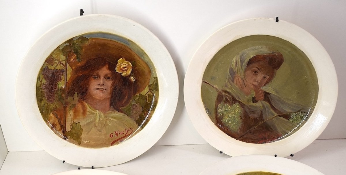 Four Hand Painted Earthenware Dishes Art Nouveau Woman The 4 Seasons Signed Vinchon Ref1036-photo-2