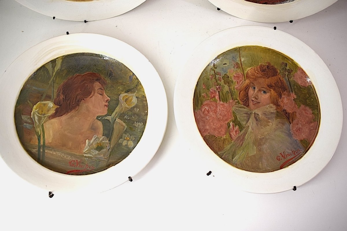 Four Hand Painted Earthenware Dishes Art Nouveau Woman The 4 Seasons Signed Vinchon Ref1036-photo-3