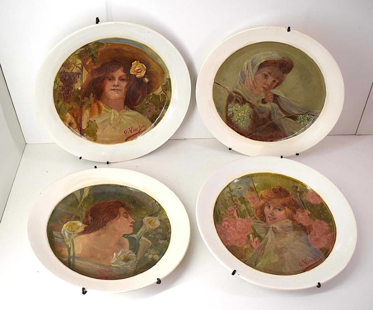 Four Hand Painted Earthenware Dishes Art Nouveau Woman The 4 Seasons Signed Vinchon Ref1036-photo-4