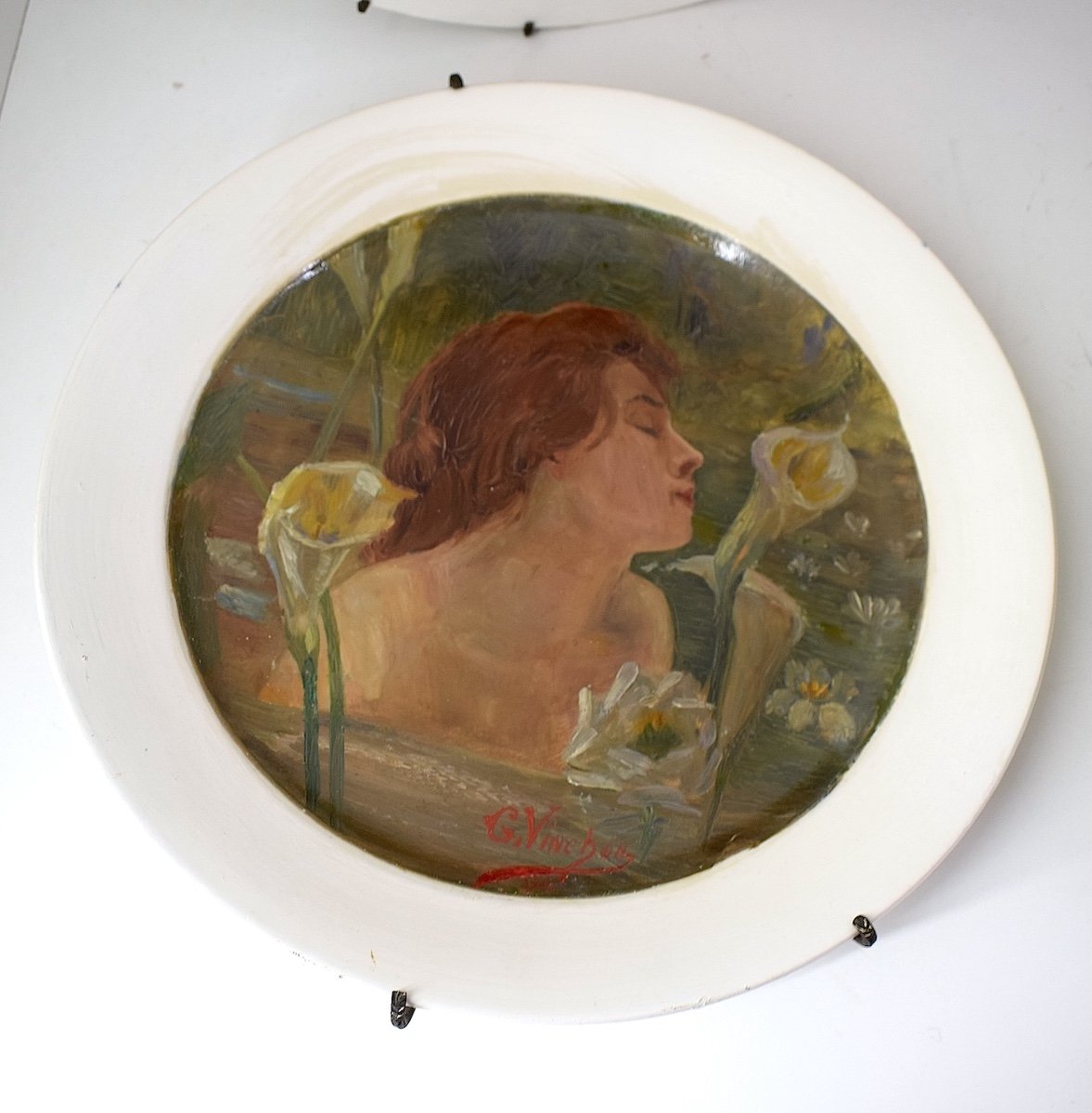 Four Hand Painted Earthenware Dishes Art Nouveau Woman The 4 Seasons Signed Vinchon Ref1036-photo-3