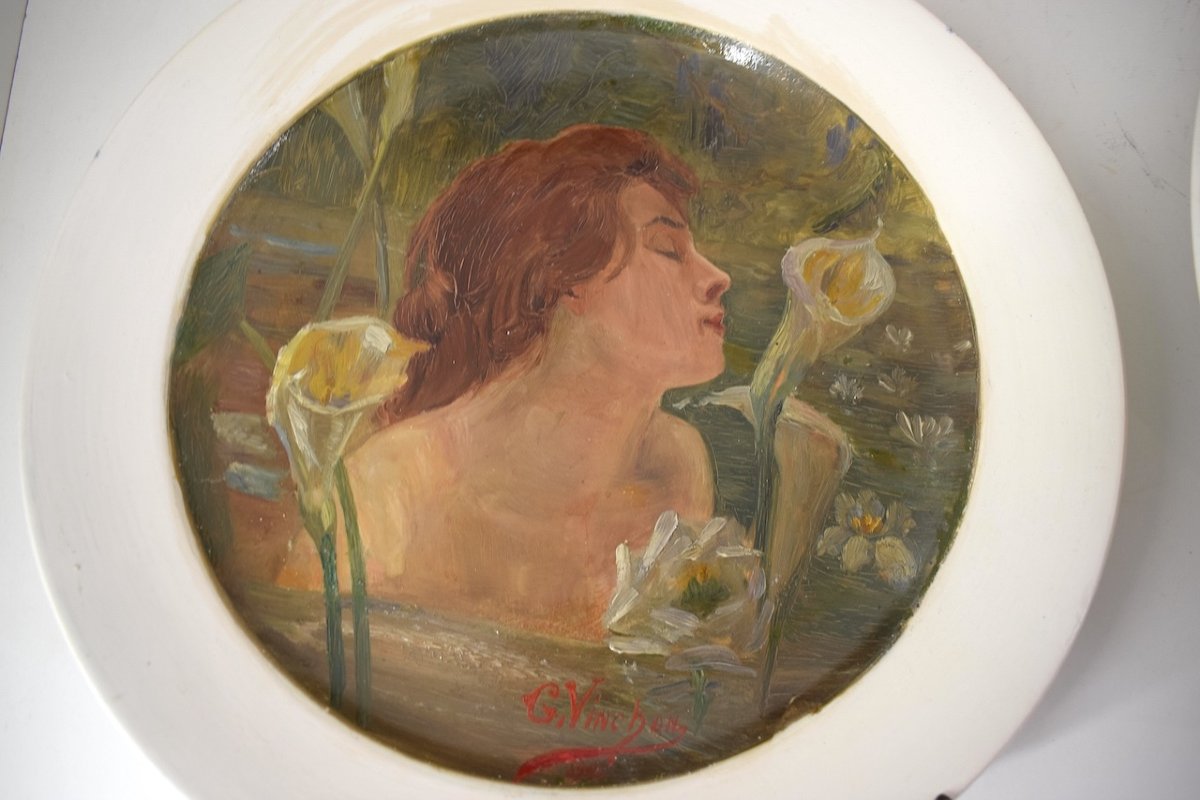 Four Hand Painted Earthenware Dishes Art Nouveau Woman The 4 Seasons Signed Vinchon Ref1036-photo-5