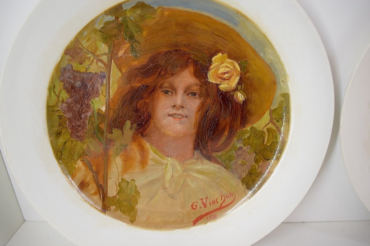 Four Hand Painted Earthenware Dishes Art Nouveau Woman The 4 Seasons Signed Vinchon Ref1036-photo-6