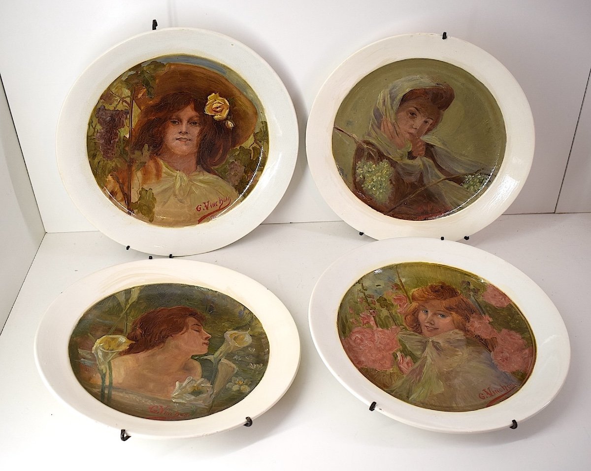 Four Hand Painted Earthenware Dishes Art Nouveau Woman The 4 Seasons Signed Vinchon Ref1036