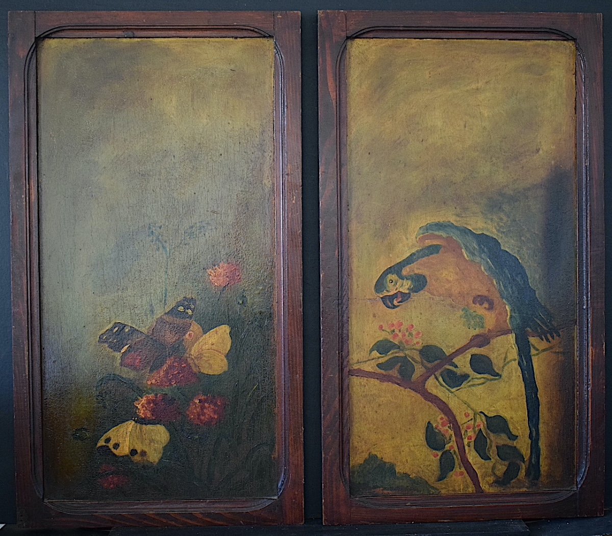 Two Art Nouveau Painted Doors Decorated With Parrot Flowers Butterflies 20th Century Rt1126