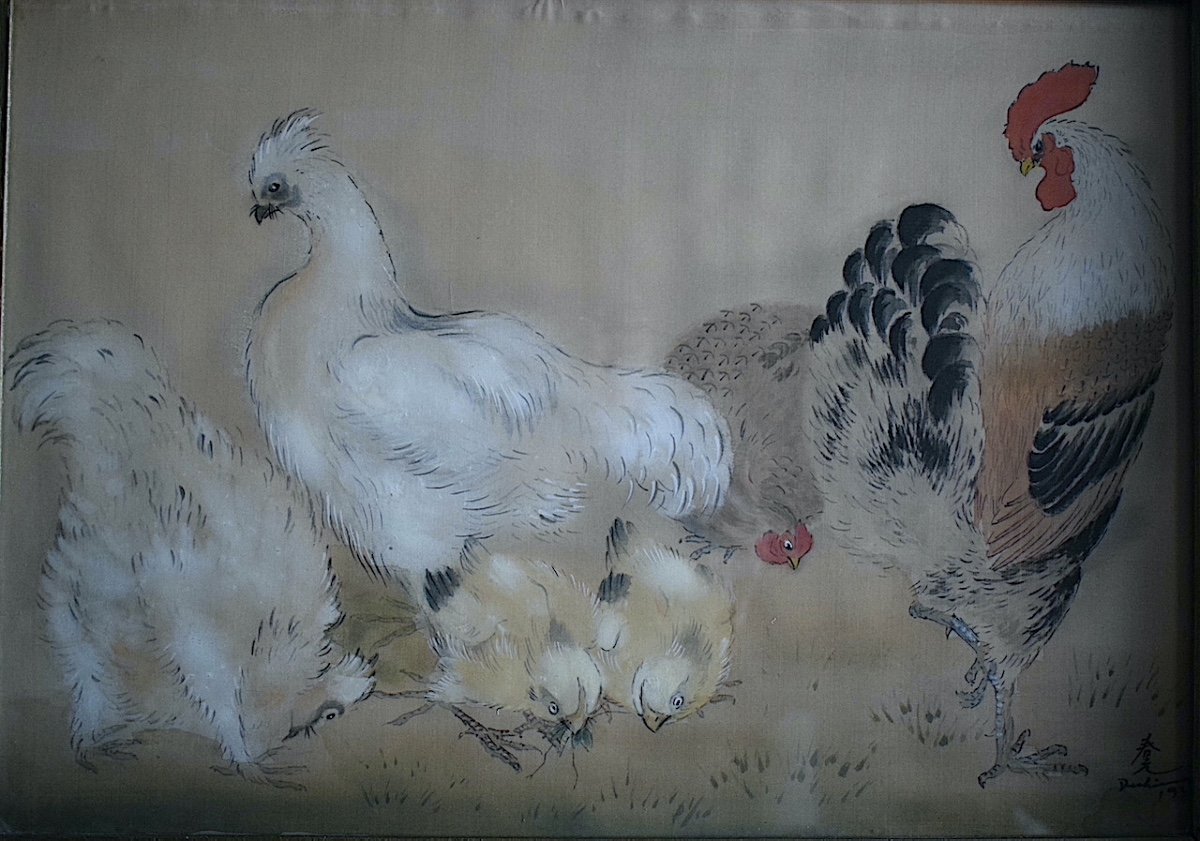 Shunko Deshima Japanese Ink Watercolor On Silk Hens Rooster Farmyard 20th Century Rt1130-photo-2