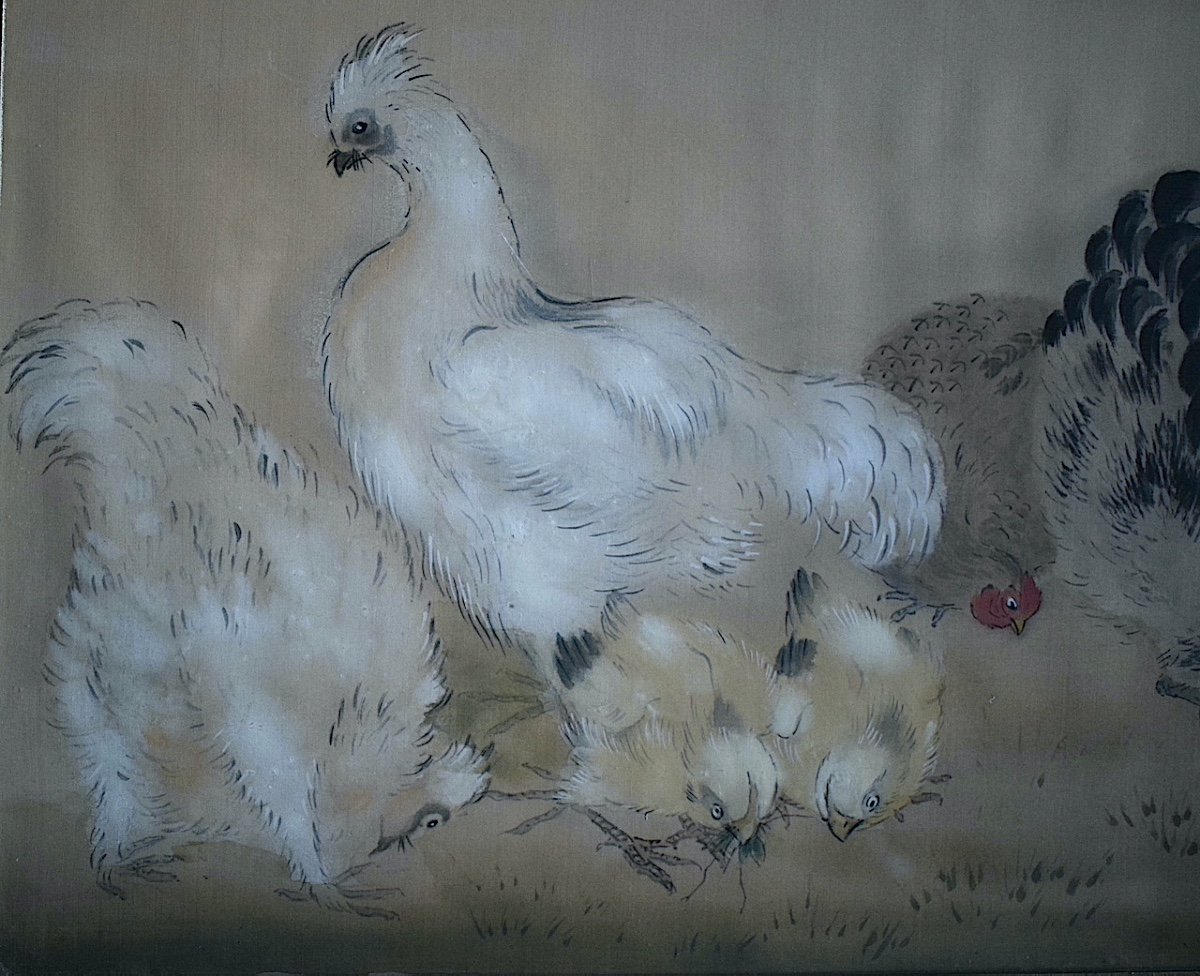 Shunko Deshima Japanese Ink Watercolor On Silk Hens Rooster Farmyard 20th Century Rt1130-photo-3