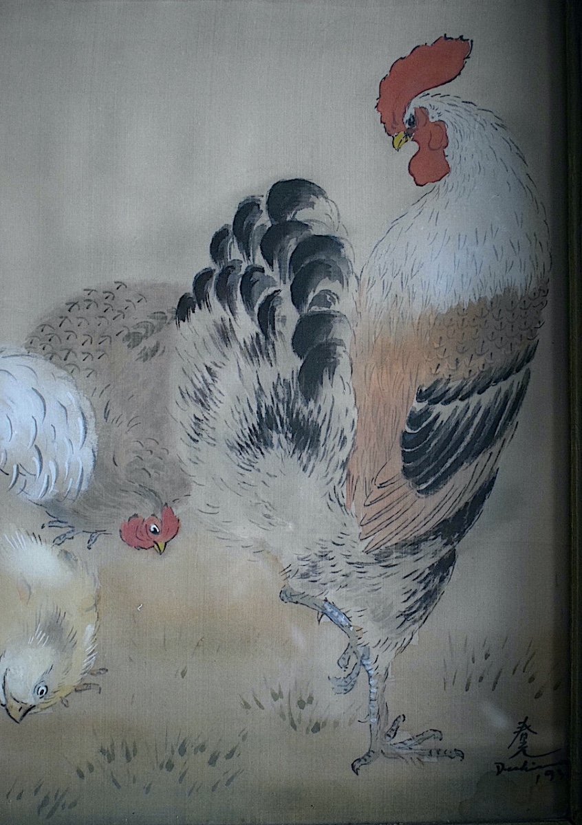 Shunko Deshima Japanese Ink Watercolor On Silk Hens Rooster Farmyard 20th Century Rt1130-photo-4