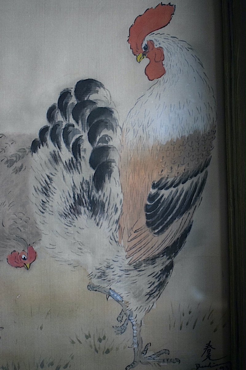 Shunko Deshima Japanese Ink Watercolor On Silk Hens Rooster Farmyard 20th Century Rt1130-photo-2