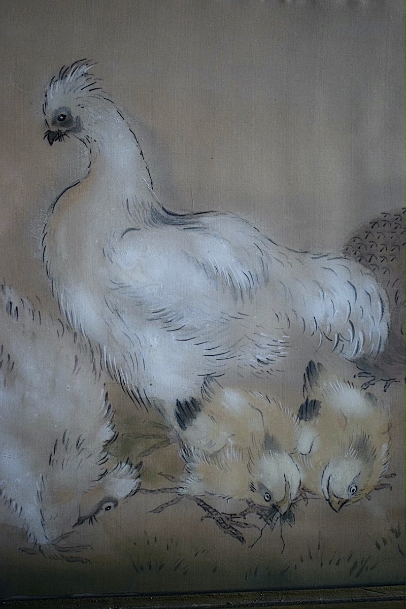 Shunko Deshima Japanese Ink Watercolor On Silk Hens Rooster Farmyard 20th Century Rt1130-photo-3