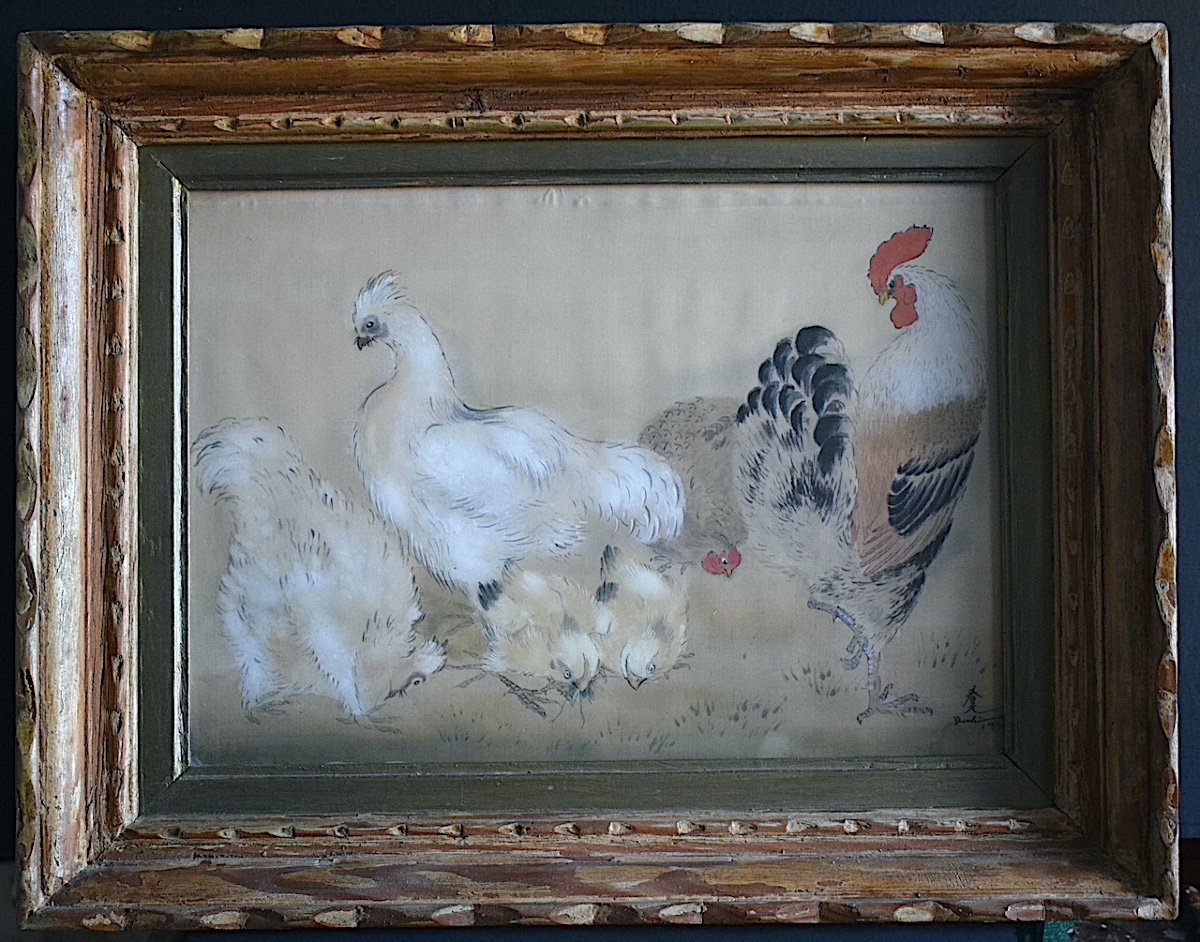 Shunko Deshima Japanese Ink Watercolor On Silk Hens Rooster Farmyard 20th Century Rt1130