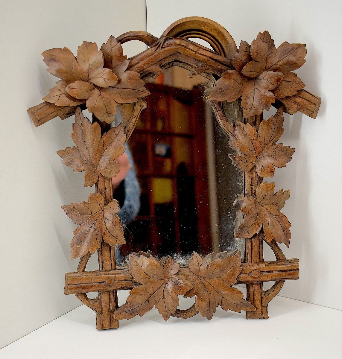 Small Alcove Mirror In Carved Wood Black Forest Work Chalet Foliage Decor Ref1056-photo-2