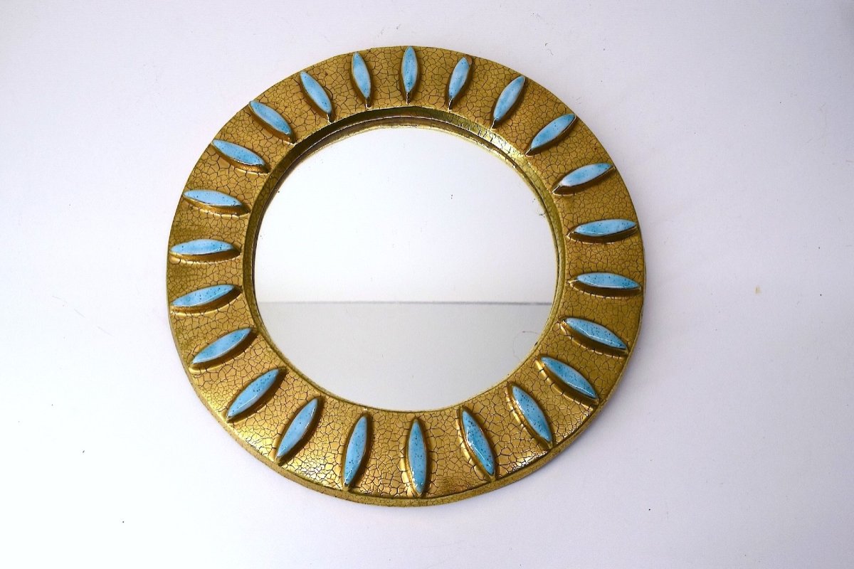 Round Cracked Gold Ceramic Mirror Monaco Model By Mithé Espelt 1950 Ref1064-photo-8