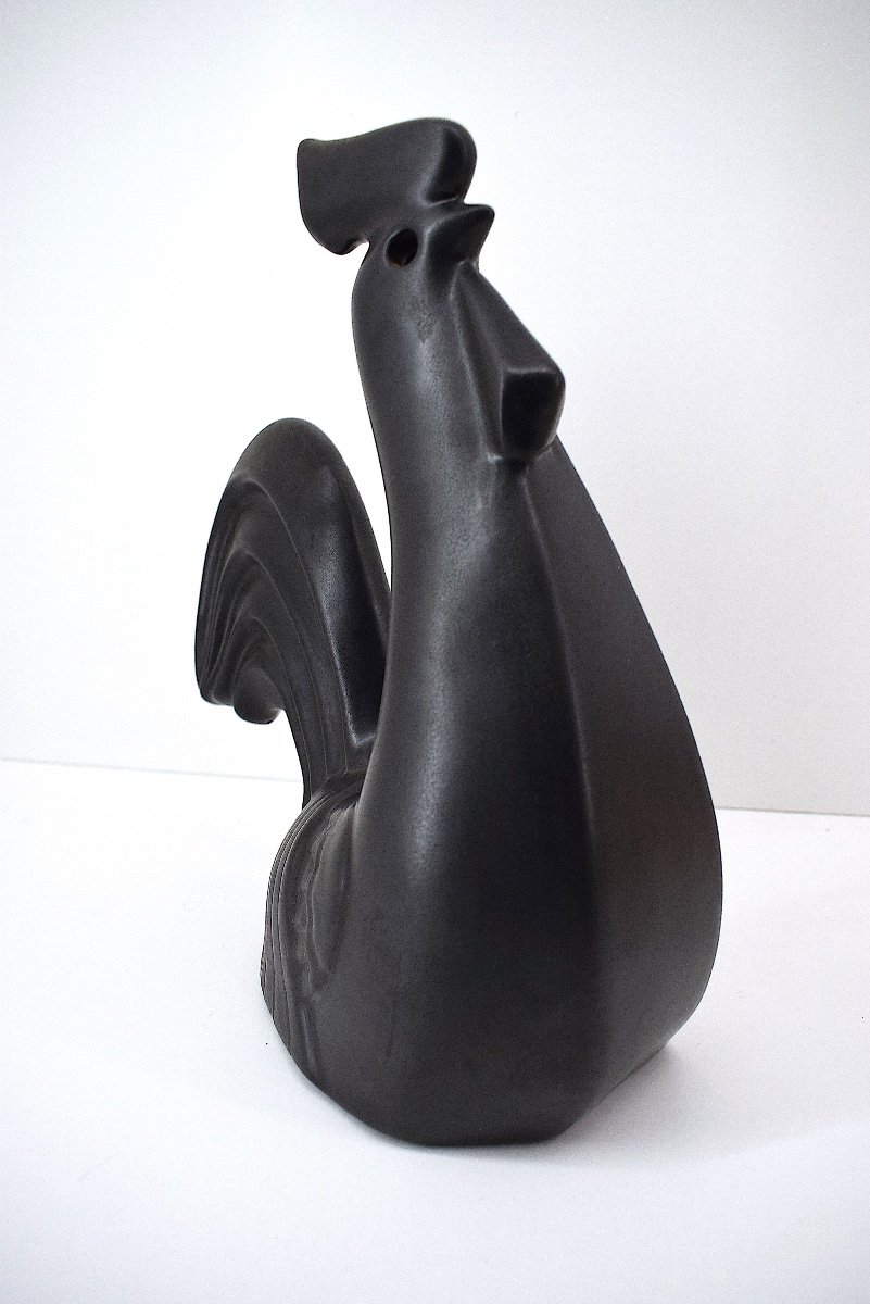 Stylized Rooster In Satin Black Glazed Ceramic Circa 1970 Ref1066-photo-2