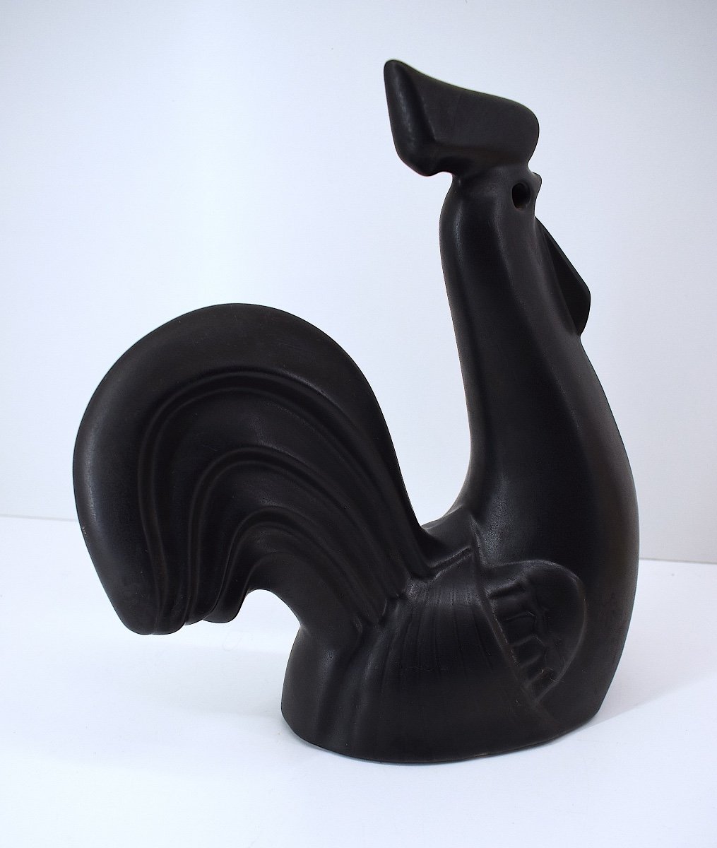 Stylized Rooster In Satin Black Glazed Ceramic Circa 1970 Ref1066-photo-4