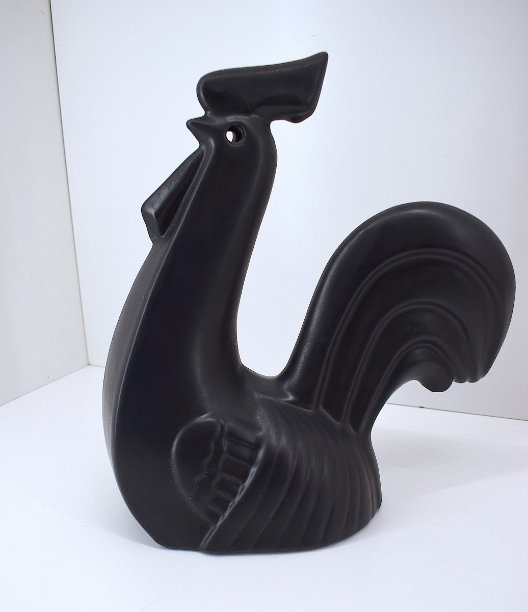 Stylized Rooster In Satin Black Glazed Ceramic Circa 1970 Ref1066-photo-1