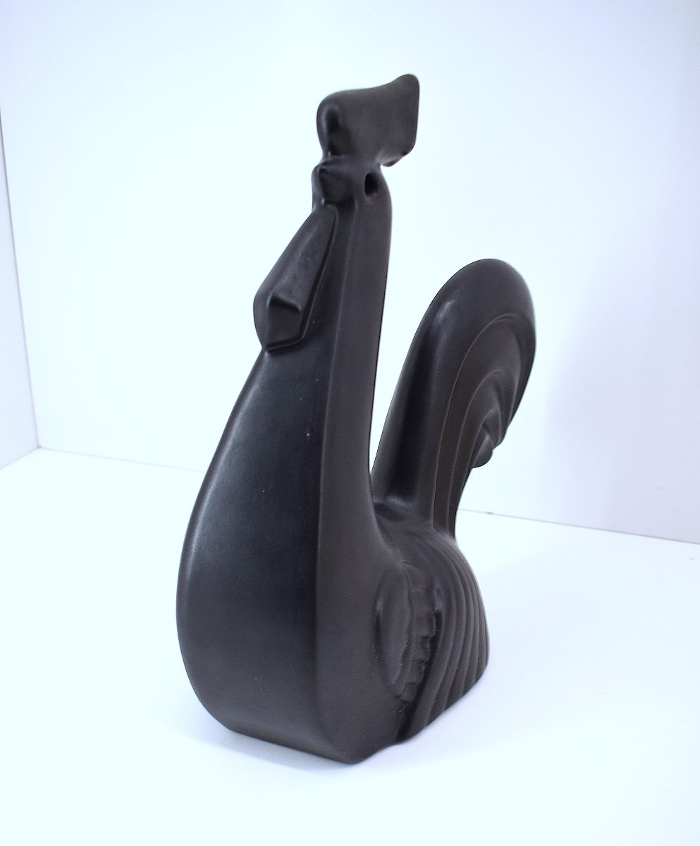 Stylized Rooster In Satin Black Glazed Ceramic Circa 1970 Ref1066-photo-2