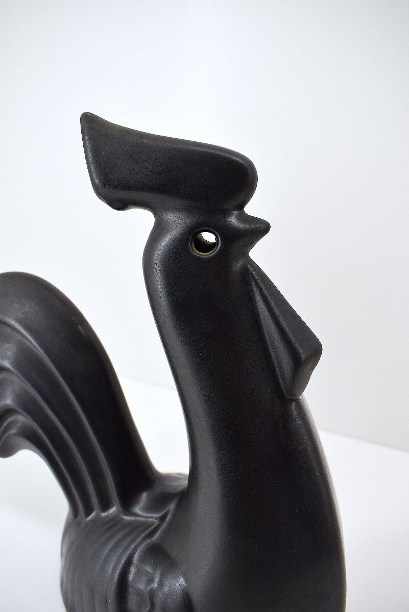 Stylized Rooster In Satin Black Glazed Ceramic Circa 1970 Ref1066-photo-4