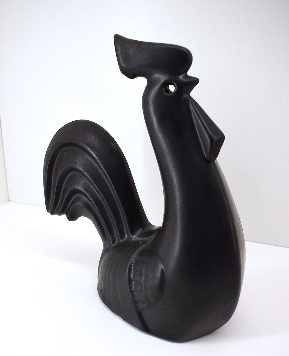 Stylized Rooster In Satin Black Glazed Ceramic Circa 1970 Ref1066-photo-7