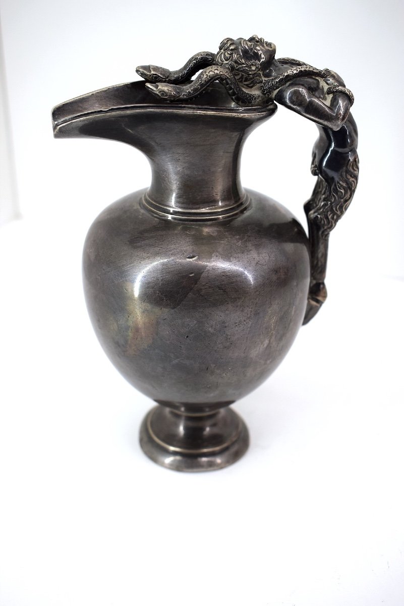 Silver Plated Bronze Ewer Pot Fauna And Snakes Handle 19th Century Ref1068