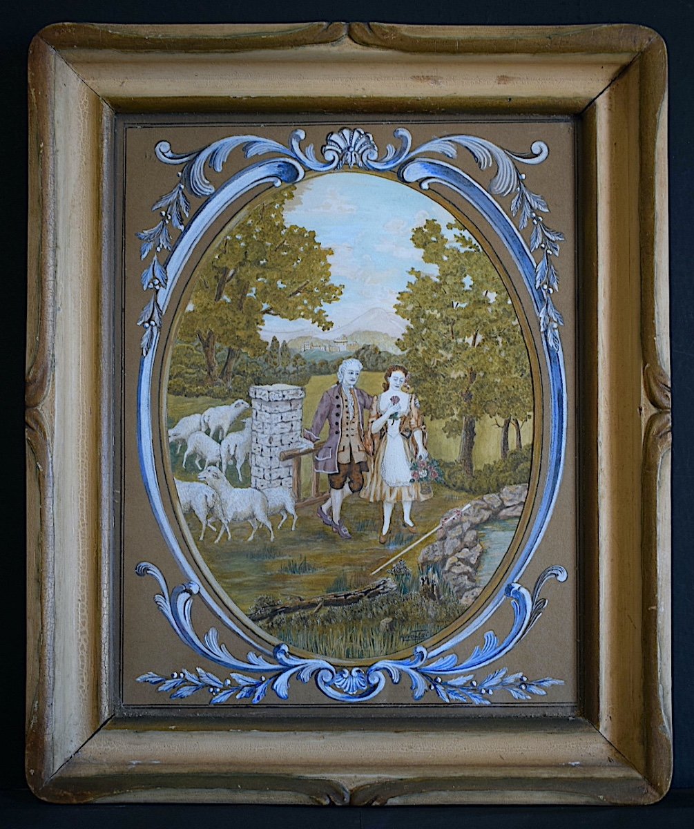 Gouache Scène Galante Romantique Style XVIII ème Signée A NOBLET XX ème Siècle 