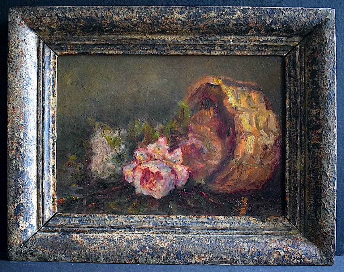 R AUBERT Impressionniste 1941 Nature Morte Jeté De Fleurs Panier RT1143