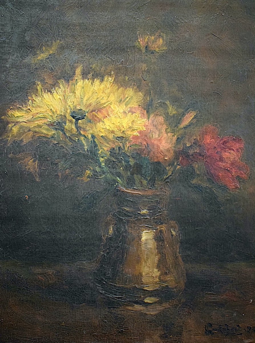 Still Life Signed Aubert Pitcher Flowers Chrysanthemums Impressionist Dated 1923 Rt1148-photo-2