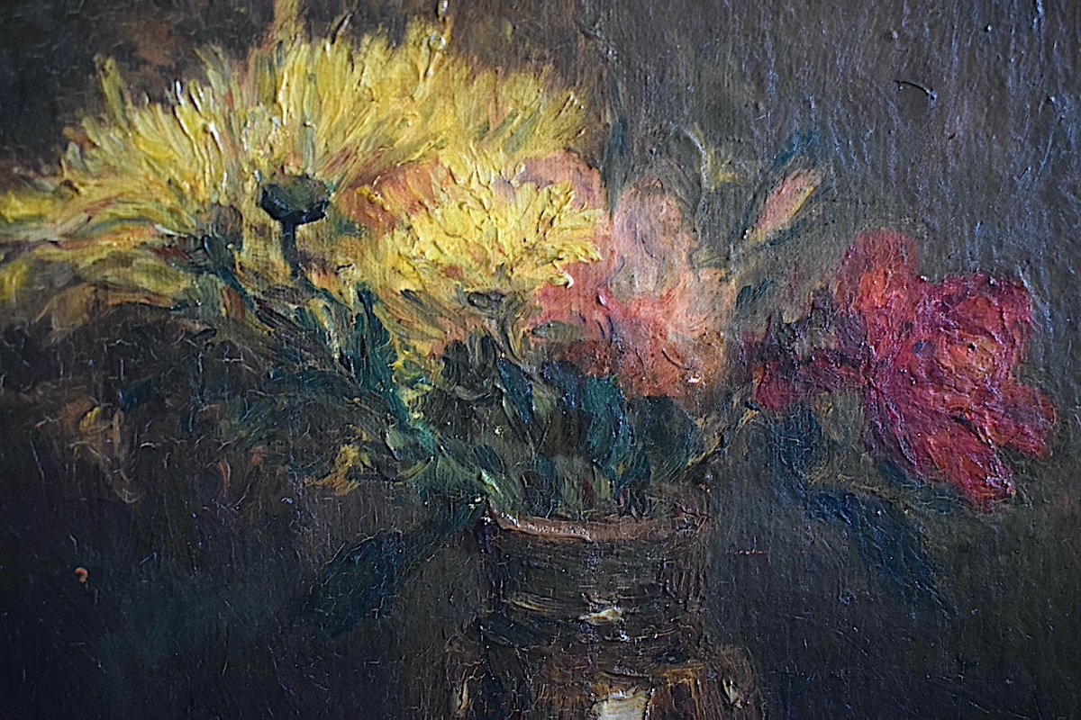 Still Life Signed Aubert Pitcher Flowers Chrysanthemums Impressionist Dated 1923 Rt1148-photo-3