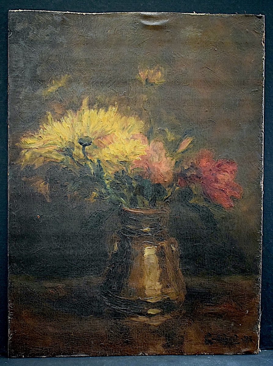 Still Life Signed Aubert Pitcher Flowers Chrysanthemums Impressionist Dated 1923 Rt1148-photo-4