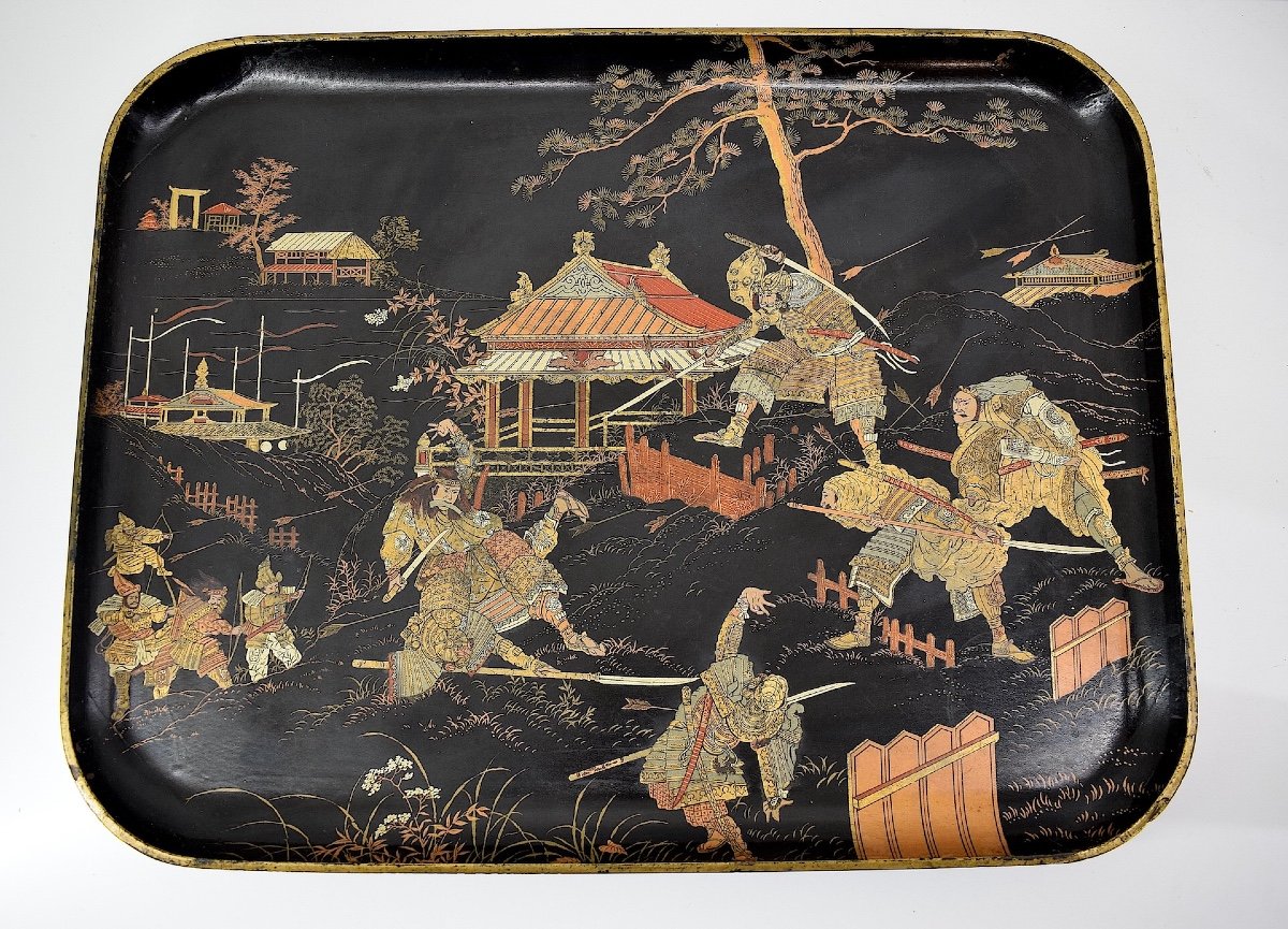 Lacquered Serving Tray Boiled Cardboard Said Samurai Battle Market Paper Ref1106 -photo-2