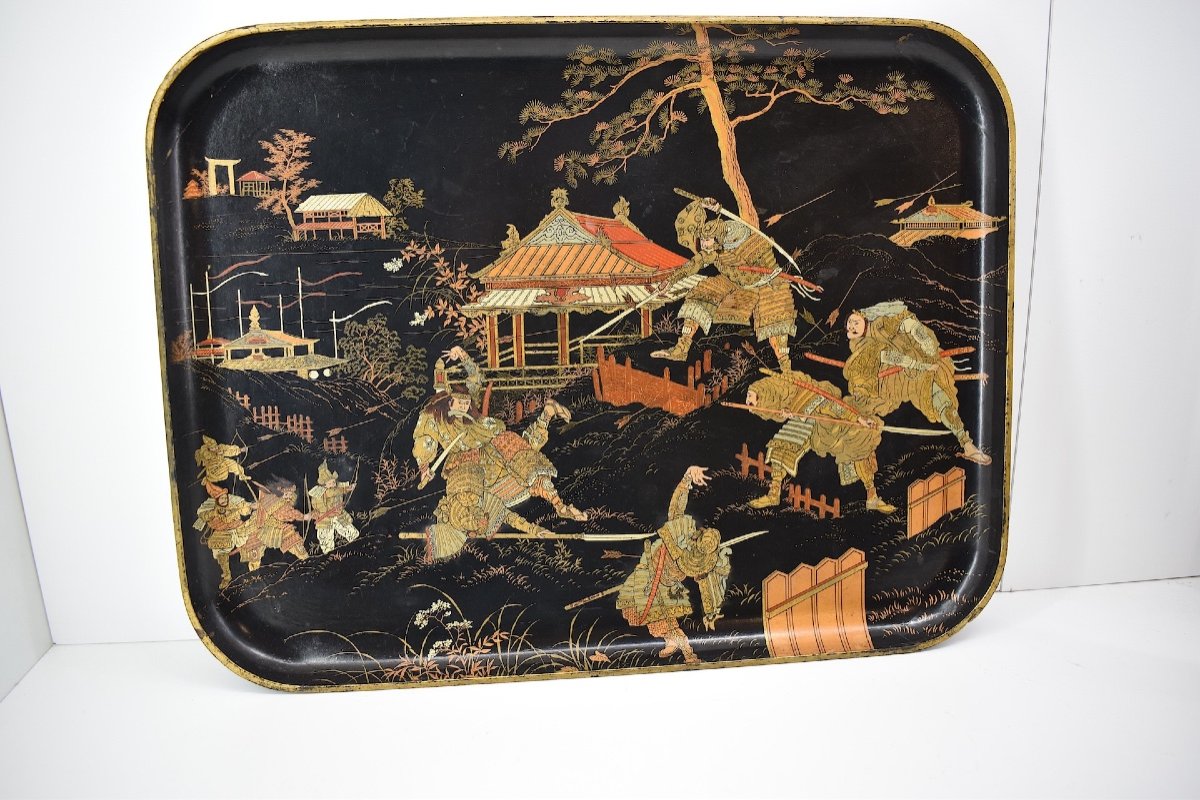 Lacquered Serving Tray Boiled Cardboard Said Samurai Battle Market Paper Ref1106 -photo-3