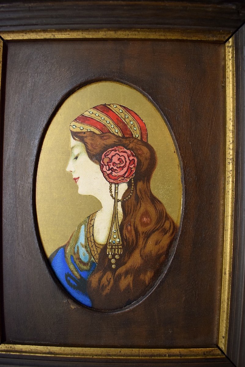 Chromolithograph Miniature Young Woman In Profile Art Nouveau Circa 1900 Ref1108 -photo-2