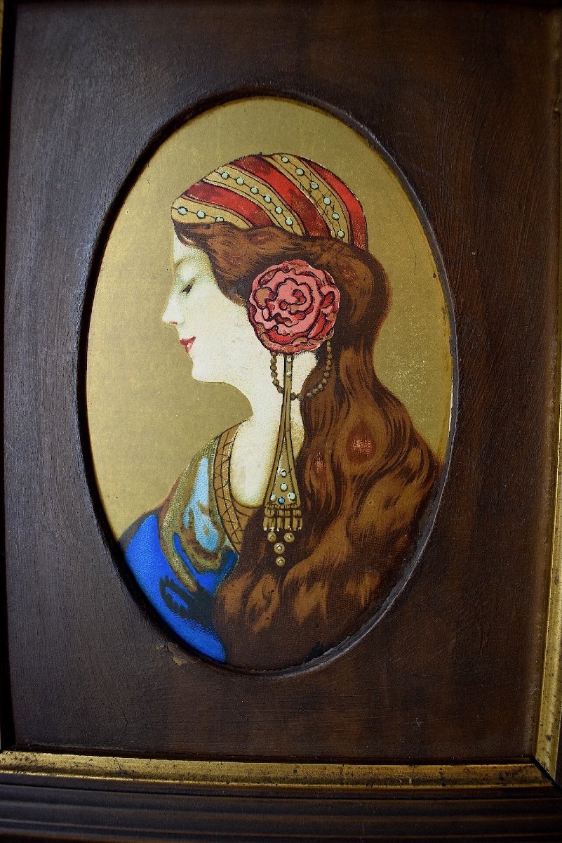 Chromolithograph Miniature Young Woman In Profile Art Nouveau Circa 1900 Ref1108 -photo-3