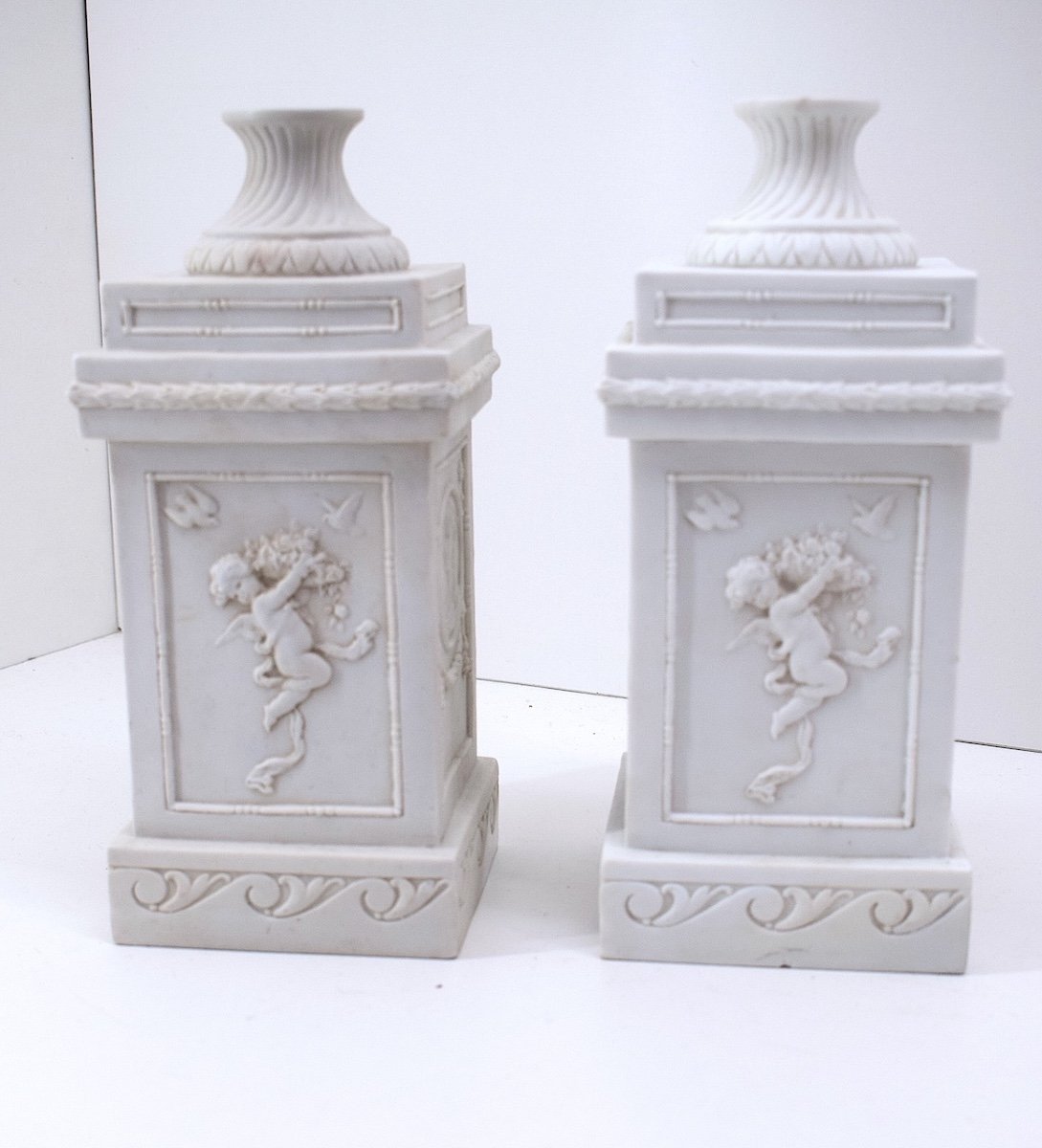 Pair Of Biscuit Porcelain Lamp Bases Kve Manufacture De Saxe Volkstedt Ref1109-photo-1