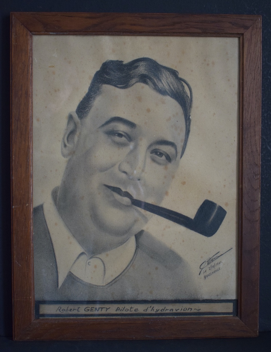 Dessin Portrait de Robert Gentil Pilote d'Hydravion Signé à Identifier Brazzaville 1944 RT1233-photo-2