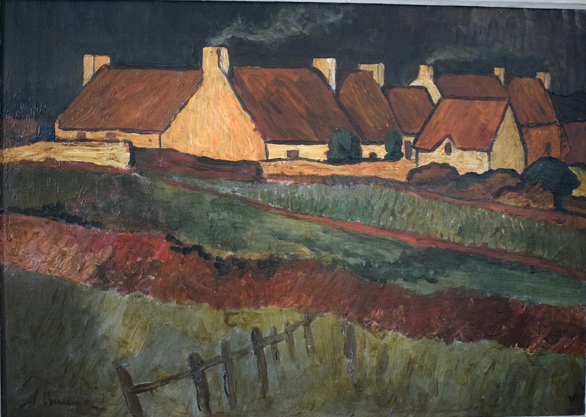 Alluaud Signed Landscape Brittany Normandy Vendée Thatched Cottages 20th Century Rt1234-photo-2