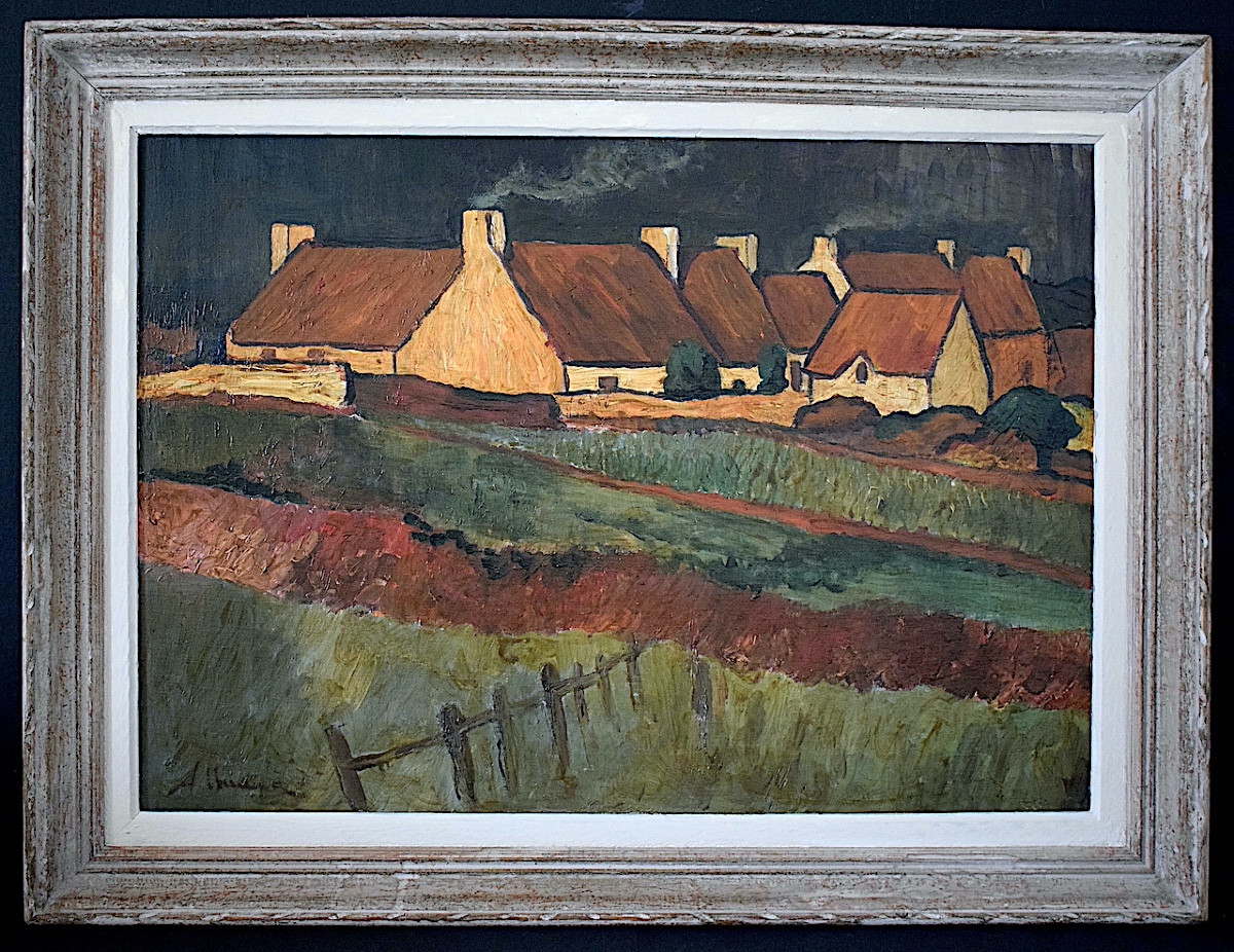 Alluaud Signed Landscape Brittany Normandy Vendée Thatched Cottages 20th Century Rt1234